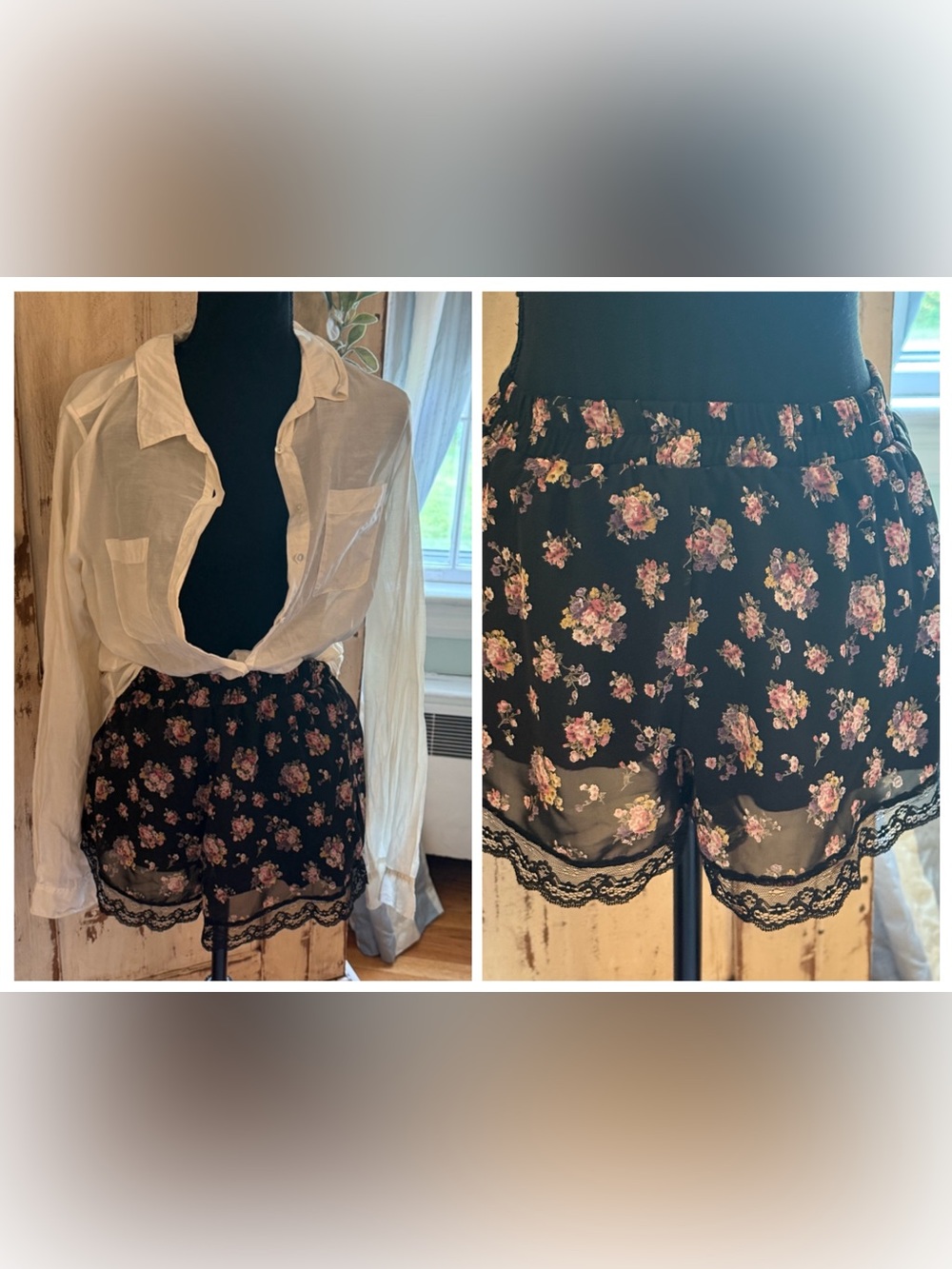 Lush floral print romantic lace trimmed bloomer shorts.
